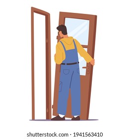 Home Repair Master Male Character Set Up New Door in Apartment. Construction Service, Engineer in Working Robe with Equipment Tools. Carpenter Repairman, Builders Work. Cartoon Vector Illustration