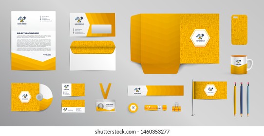 Home repair mockup set of stationery corporate Brand identity. Bright yellow and white color. Working tools, building, construction, renovation. Annual report cover, brochure, corporate mug.