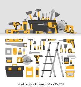 Home repair objects and banner.  Construction tools. Hand tools for home renovation and construction. Flat style, vector illustration.