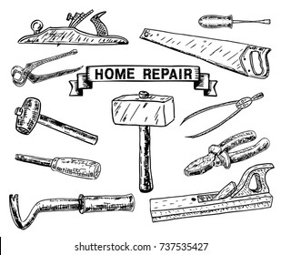 Home repair objects. Construction tools. Hand tools for home renovation and construction.