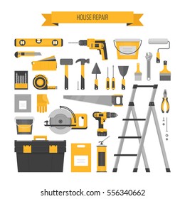 Home repair objects set. Construction tools. Hand tools for home renovation and construction. Flat style, vector illustration.