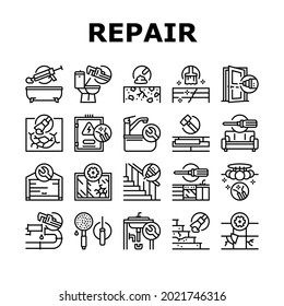 Home Repair Occupation Collection Icons Set Vector. Sink And Bath, Garage Door And Furniture, Kitchen And Bathroom Faucet, Home Repair Work Black Contour Illustrations