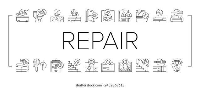 Home Repair Occupation Collection Icons Set Vector. Sink And Bath, Garage Door And Furniture, Kitchen And Bathroom Faucet, Home Repair Work Black Contour Illustrations