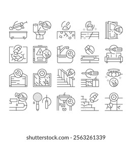 Home Repair Occupation Collection Icons Set Vector. Sink And Bath, Garage Door And Furniture, Kitchen And Bathroom Faucet, Home Repair Work Black Contour Illustrations