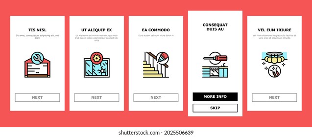 Home Repair Occupation Onboarding Mobile App Page Screen Vector. Sink And Bath, Garage Door And Furniture, Kitchen And Bathroom Faucet, Home Repair Work Illustrations