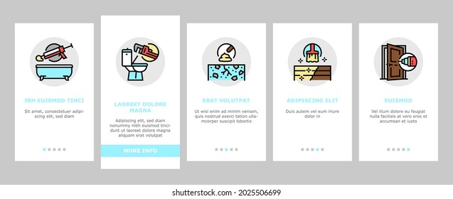 Home Repair Occupation Onboarding Mobile App Page Screen Vector. Sink And Bath, Garage Door And Furniture, Kitchen And Bathroom Faucet, Home Repair Work Illustrations