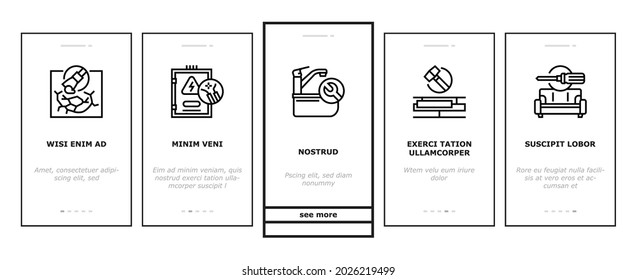 Home Repair Occupation Onboarding Mobile App Page Screen Vector. Sink And Bath, Garage Door And Furniture, Kitchen And Bathroom Faucet, Home Repair Work Illustrations