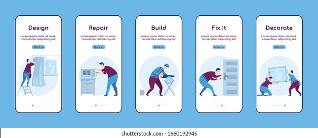 Home repair onboarding mobile app screen flat vector template. Decorate house. Maintain household. Walkthrough website steps with characters. UX, UI, GUI smartphone cartoon interface, case prints set