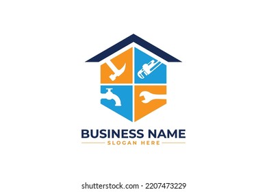 home repair with paint brush , roofing, remodeling, handyman logo