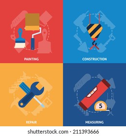 Home repair painting brush construction tools measuring tape roulette flat icons composition design abstract vector illustration