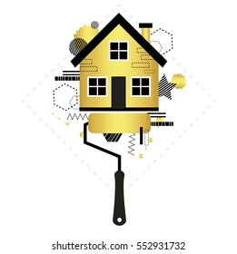 Home. Repair. Painting the house. Vector logo design. Cute vector illustration.