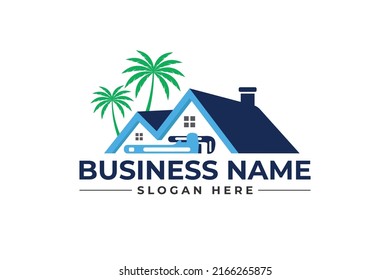 home repair with a pipe wrench, roofing, remodeling, handyman, home renovation, decor logo