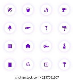 home repair purple color vector icons on light round buttons with purple shadow. home repair icon set for web, mobile apps, ui design and print