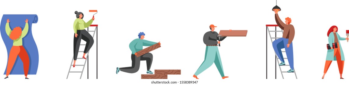 Home repair remodeling renovation professional workers vector flat illustration isolated on white background. Painting wall, installing parquet, wallpapering, interior design, assembling furniture etc