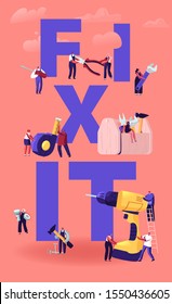 Home Repair and Renovation Concept. Tiny Male and Female Characters Holding Huge Tools for Construction Works Drill Hammer Wrench. Fix it Poster Banner Flyer Brochure. Cartoon Flat Vector Illustration