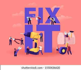 Home Repair and Renovation Concept. Tiny Male and Female Characters Holding Huge Tools for Construction Works Drill Hammer Wrench. Fix it Poster Banner Flyer Brochure. Cartoon Flat Vector Illustration