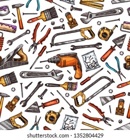 Home Repair, Renovation And Construction Tools Seamless Pattern. Vector Sketch Background Of Handyman Work Tools, Carpentry Hammer, Woodwork Plane Grinder Or Painting Brush Or Drill With Saw