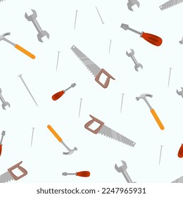 Home repair, renovation and construction tools seamless pattern. Vector flat background of handyman work tools, carpentry hammer, nails, screwdriver, wrench, hand saw