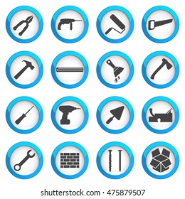 Home repair and renovation icon set, building and construction concept, 16 vector signs on dark round buttons, eps 10