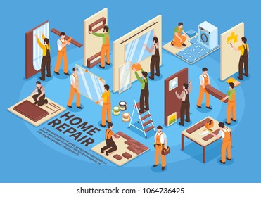 Home Repair Renovation Interior Remodeling Isometric Elements Collection With Wallpaper And Shelves Hanging Tiles Laying Vector Illustration 