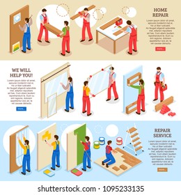 Home repair renovation interior remodeling company service 3 horizontal isometric banners web page design isolated vector illustration