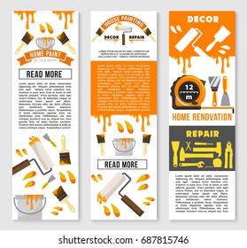 Home repair and renovation service banners set. Vector design of handy construction and carpentry work tools painting brush or hammer, ruler or screwdriver and trowel, wrench, vise or plane and drill