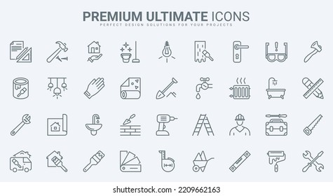 Home repair and renovation thin line icons set vector illustration. Outline diy tools for building improvement and construction, maintenance work of builders, handyman and engineer equipment