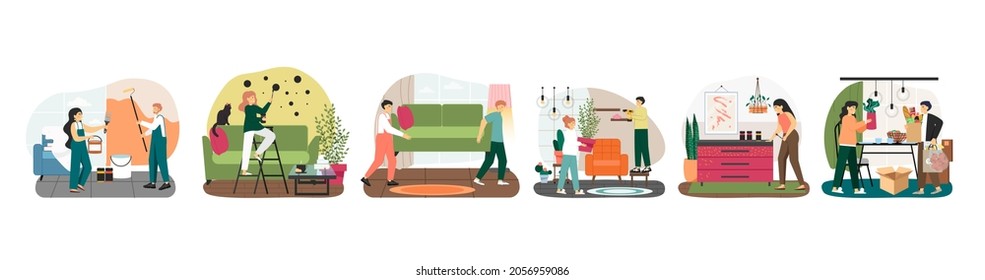 Home repair scene set, vector illustration. Handyman service. Home renovation and improvement, furniture restoration.