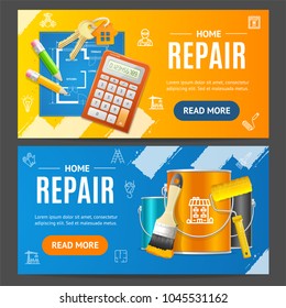 Home Repair Service Banner Realistic Detailed 3d Horizontal Set Include of Paint, Paintbrush and Calculator. Vector illustration of Banners