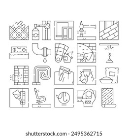 Home Repair Service Collection Icons Set Vector. Building Construction And House Repair, Lay Tiles And Roof, Glue Part And Hammer With Nail Concept Linear Pictograms. Black Contour Illustrations