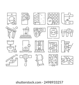 Home Repair Service Collection Icons Set Vector. Washing Machine And Pipe Repair, Defrosting Refrigerator And Installation Of Household Appliances Black Contour Illustrations