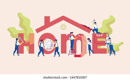 Home Repair Service. Group of Construction Engineers with Building Equipment Tools Work at House Repairing. Carpenter Repairman, Builder, Master Renovation Apartment. Cartoon Flat Vector Illustration