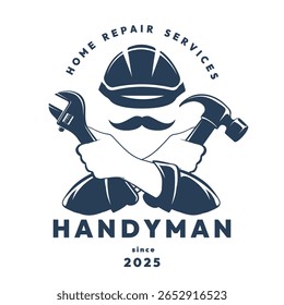 Serviço de reparação casa handyman emblema. Capacete mãos de bigode segura chave e martelo ilustração vetor isolado