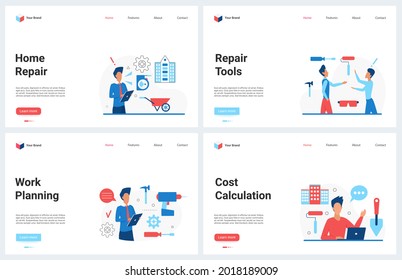 Home repair service online, plan, calculation vector illustration. Cartoon modern landing page set for construction, renovation, repair service webpage with builder diy tools, architect engineer work