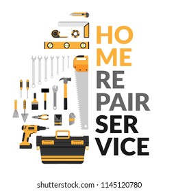 home repair service template with set of DIY home repair working tools. home repair service consulting, renovation & construction company on white background for marketing concept. vector flat design