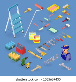 Home repair service. Vector set of tools, equipment symbols and items isometric icons. Building and interior repair, icons set isometric projection. Flat 3d illustration.