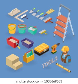 Home repair service. Vector set of tools, equipment symbols and items isometric icons. Building and interior repair, icons set isometric projection. Flat 3d illustration.