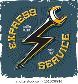 Home repair service. Work shop vector emblem with tool and lightning. Auto mechanic key.