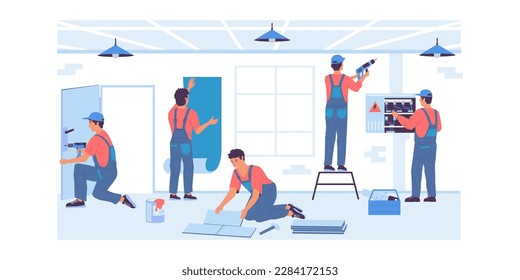 Home repair. Service workers make renovation. Professional builders brigade gluing wallpaper or laying tiles. Electrician working with wires of electrical system. Vector foreman job svg