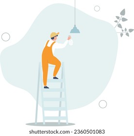 Home repair service.electrician changing alight bulb to economical one.flat vector illustration