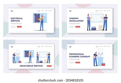 Home Repair Services Landing Page Template Set. Handyman Fixing Sink in Bathroom, Workers Characters Install Window, Electrician Examine Draft Voltage at Dashboard. Cartoon People Vector Illustration