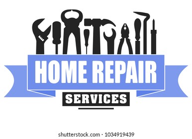 Home repair services vector design for your logo or emblem with blue banner and set of workers tools. There are wrench, screwdriver, hammer, pliers, soldering iron, scrap.