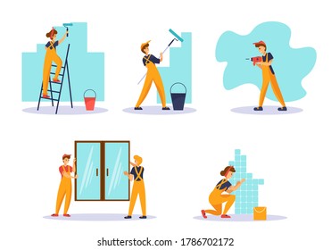 Home repair set with different workers in uniform. Painting wall, drilling, laying tiles, installing windows. House renovation concept with male and female vector cartoon characters isolated on white