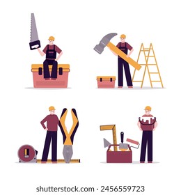 Home repair, set of various repairmen with toolkit. Builders and building hand tools for repair. Four worker man, repair service. Group of handyman with hammer, ruler, saw. flat vector illustration