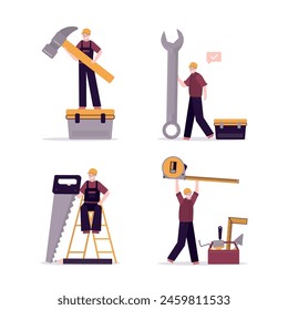 Home repair, set of various repairmen with toolkit. Builders and building hand tools for repair. Four worker man, repair service. Group of handyman with hammer, ruler, saw. flat vector illustration