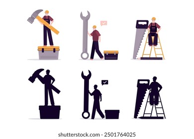 Home repair, set of various repairmen with toolkit. Builders and building hand tools for repair. Three worker man and silhouettes, repair service. Group of handyman with hammer, wrench and saw. vector