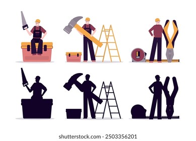 Home repair, set of various repairmen with toolkit. Builders and building hand tools for repair. Three worker man and silhouettes, repair service. Group of handyman with hammer, pliers and saw. vector