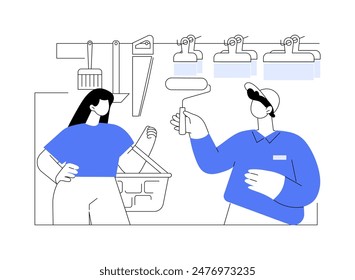 Home repair supplies isolated cartoon vector illustrations. Hardware supermarket salesperson helps to choose home repair product, buying tools in DIY store, shopping for supplies vector cartoon.