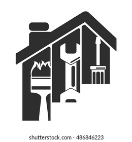 Home repair symbol, tool under the roof silhouette