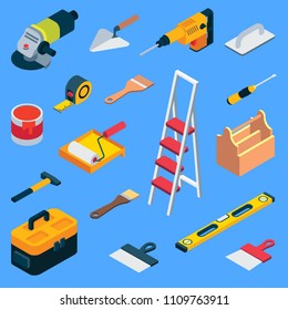 Home repair tool kit. Vector flat isometric repair construction work tool and equipment icon set. Toolbox, hand drill, hammer, screwdriver, measuring tape, knife, paint roller, paintbrush, ladder etc.